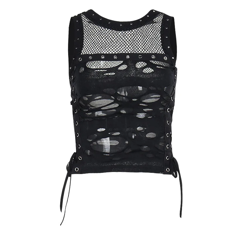 Gothic Crop Tops Punk Tanks Trendy Camisole T-Shirt Women Sexy Fishnet Backless Steampunk Vest Clubwear for Rave Party