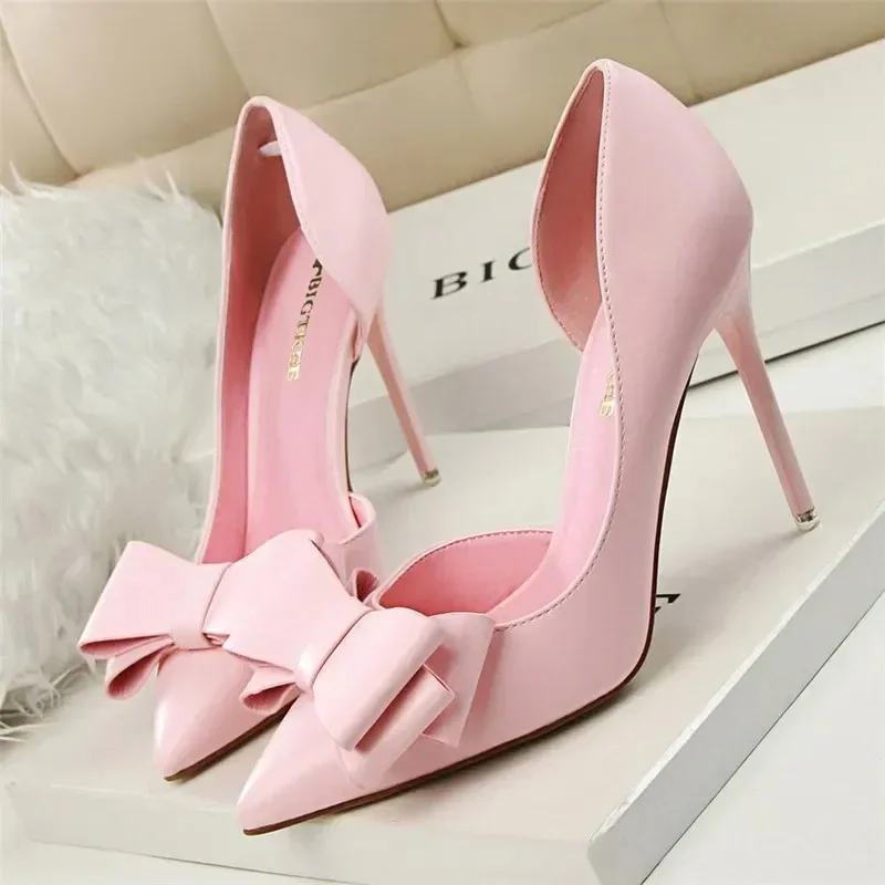 2025 Fashion Delicate Sweet Bowknot High Heel Shoes Side Hollow Pointed Women Pumps Pointed Toe 10.5CM thin Dress Shoes