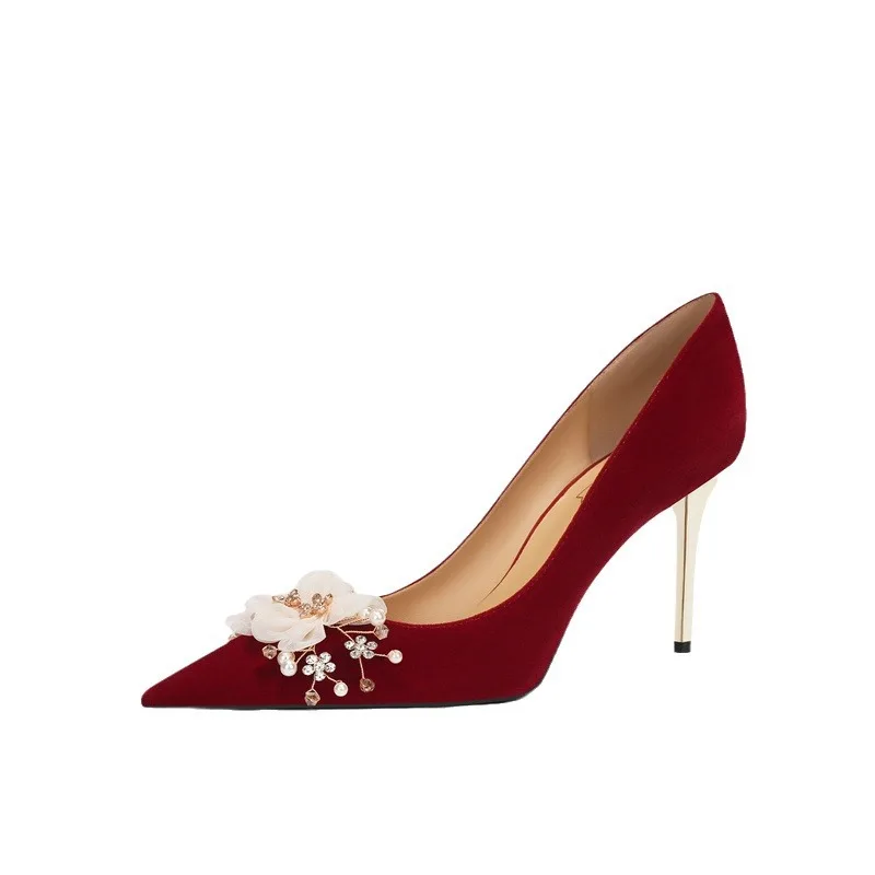 

38 Красные свадебные туфли из овчины. Женская демонстрационная одежда. Туфли для невесты на высоком каблуке. Тостые китайские модельные туфли Sandalias De Mujer.