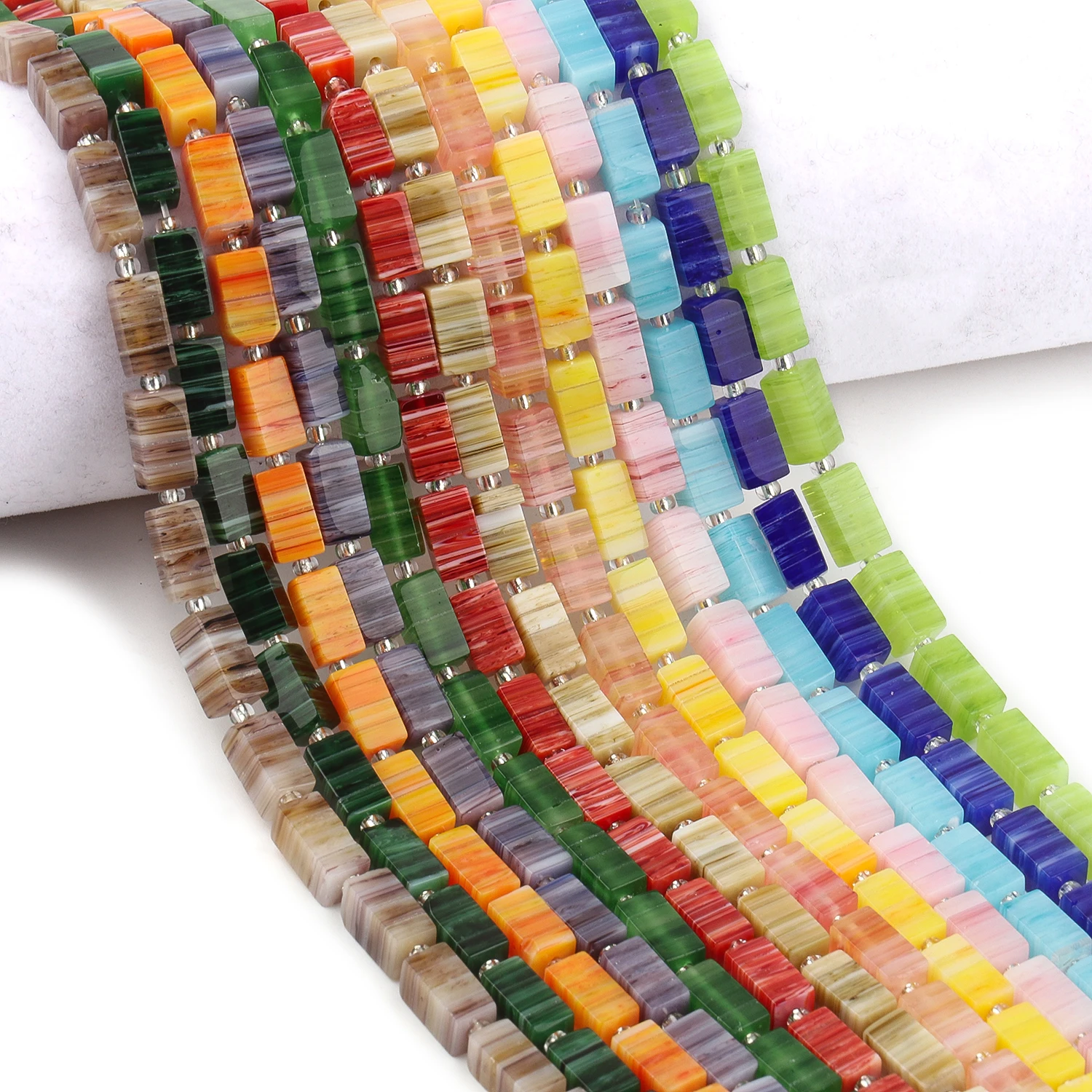 Multicolor Stripe Lampwork Beads 6x11mm Rectangle Millefiori Glass Loose Beads for Jewelry Making Handmade DIY Necklace 15inch