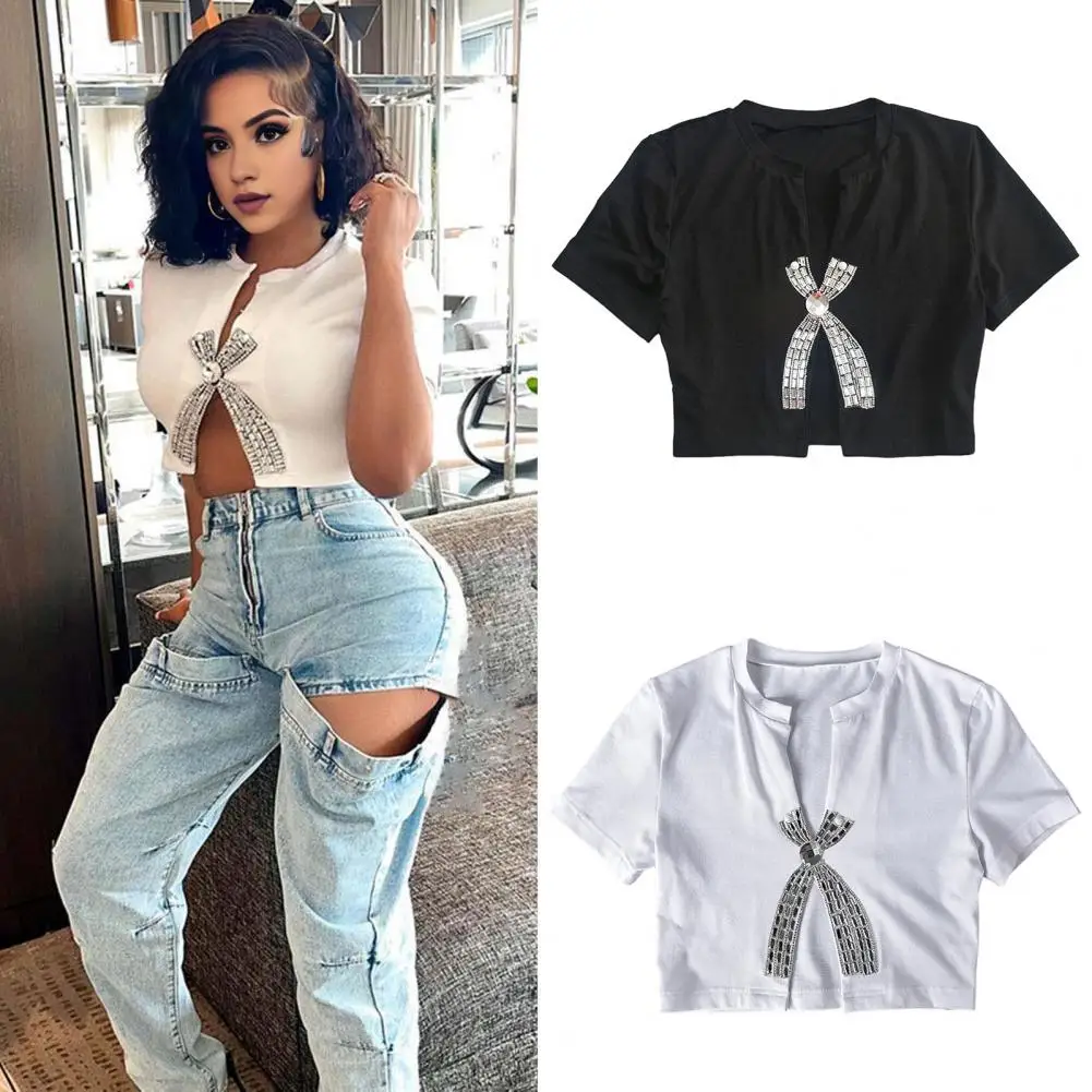 Summer Sexy Cropped Tops Bow Hot Drill Decor T-shirts Navel Exposed Slit Design Tee Shirt Women Short Sleeve Tops  Dof은 티셔츠