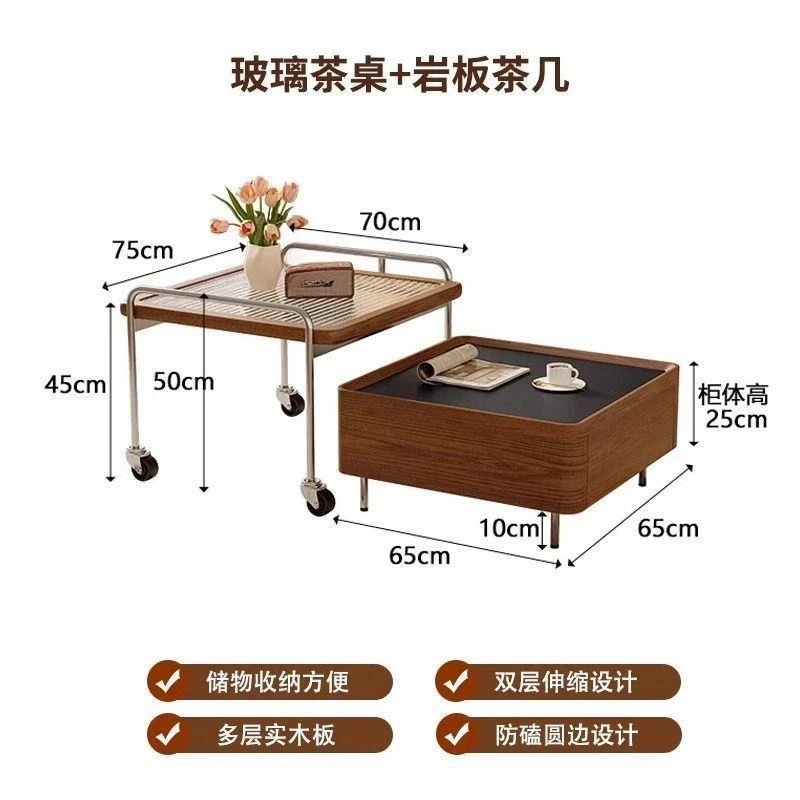 Square simple living room home retro mobile solid wood small apartment tea table cart
