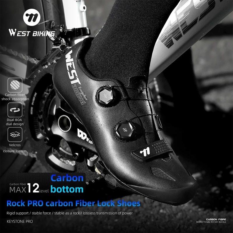 

Велотуфли WEST BIKING Ultralight из карбона, 12 уровней жесткости, профессиональные, с самоблокирующимися шипами, дышащие, для шоссейных велосипедов.