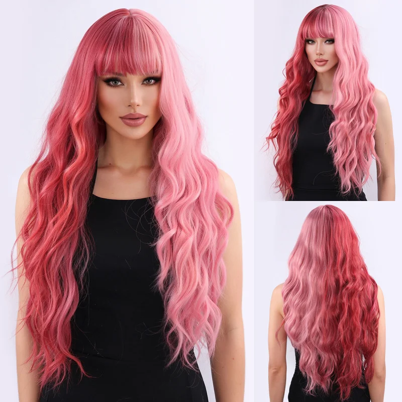 

European and American style with pink gradient, straight bangs, large waves, long curly hair, full head wig