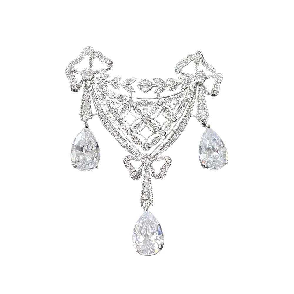 Luxury Shinying Zircon Fringed Bow Brooch Chic Classical Wheat Flower Hollow Design Brooches for Women Corsage Broche Decorativo view 5