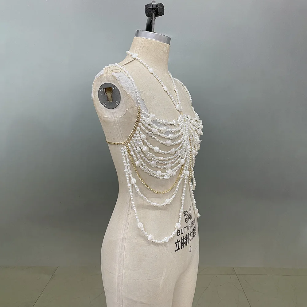 Baroque Irregular Pearls Hollow Out Multi-Layered Tassels Jewelry Body Bra Chain Top Beaded Bikini Bra