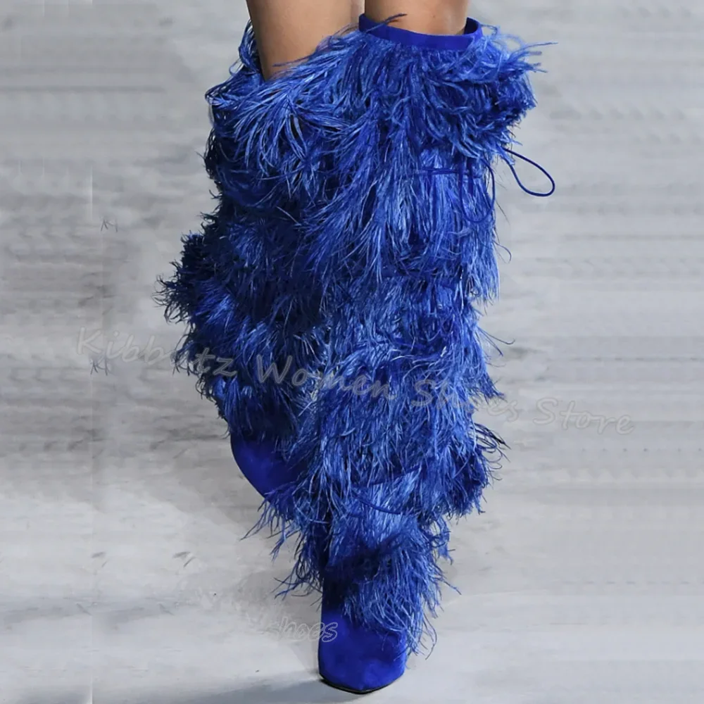 

Сапоги выше колена с бахромой из страусиного меха, модная новинка, подиумное шоу, острый носок, тонкие каблуки, однотонная женская обувь без шнуровки, новейшая