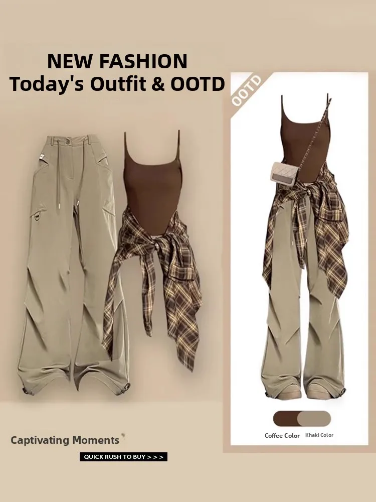 Primavera Verano mujer a cuadros protección solar irt Correa chaleco cintura alta ropa de trabajo pantalones camiseta conjunto de piezas traje Casual Faionable