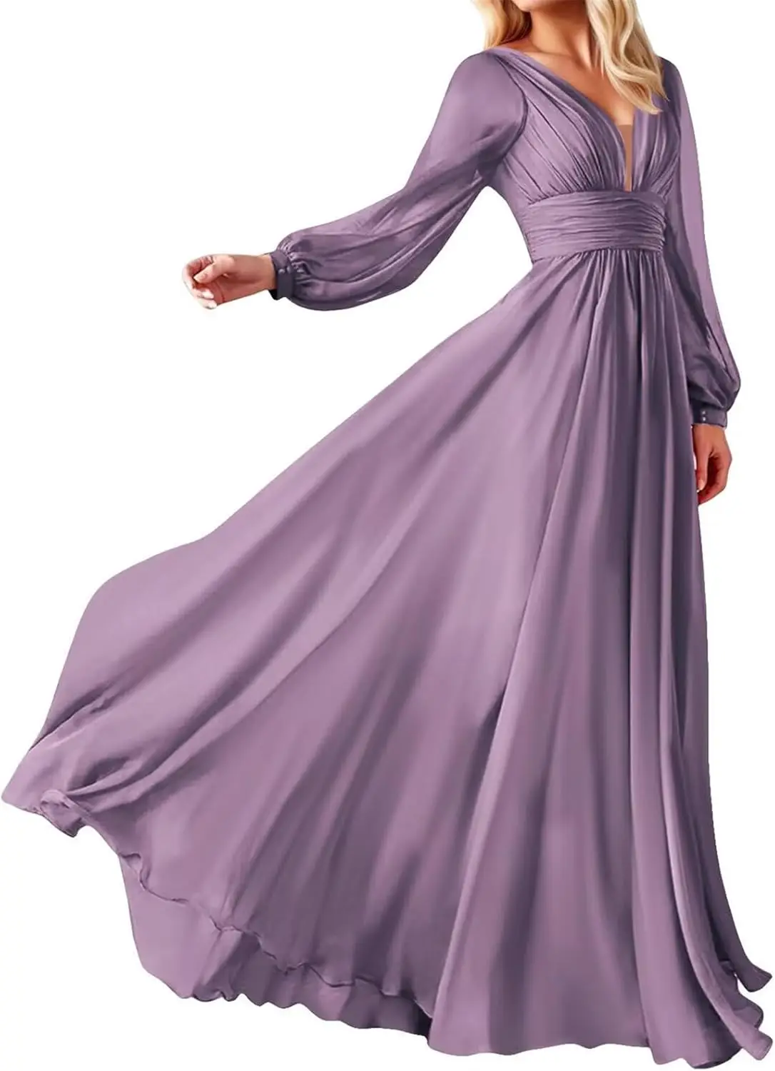 فساتين وصيفة الشرف بأكمام طويلة لضيف حفل الزفاف ورقبة على شكل حرف V من الشيفون للحفلات الراقصة الرسمية على شكل حرف A