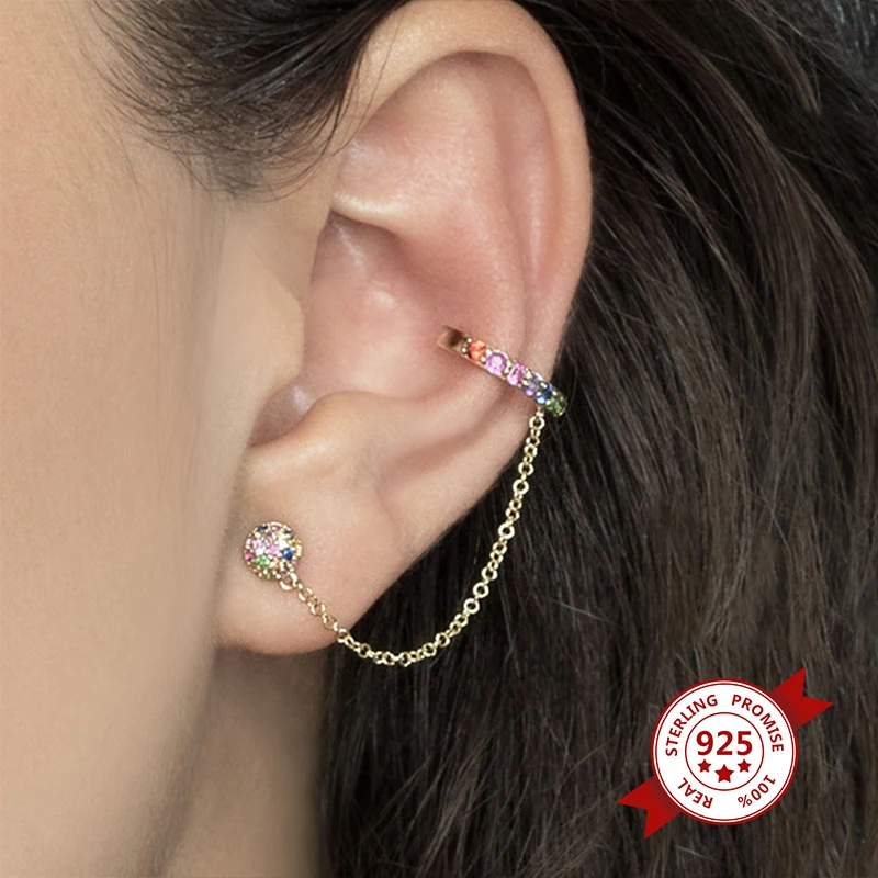 1pc 925 Sterling Silver Needle Hoop Earrings Double Circle Cubic Zirconia Tassel Chain Cartilage Earring Piercing Luxury Jewelry