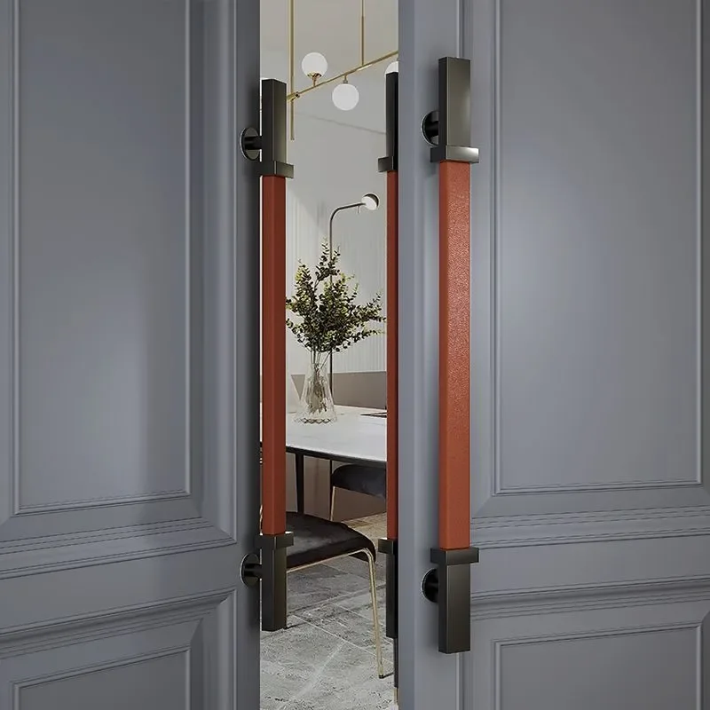 Glass door handle Solid wood bag Leather craftsmanship Stainless steel door handle Log color Box sliding door handle