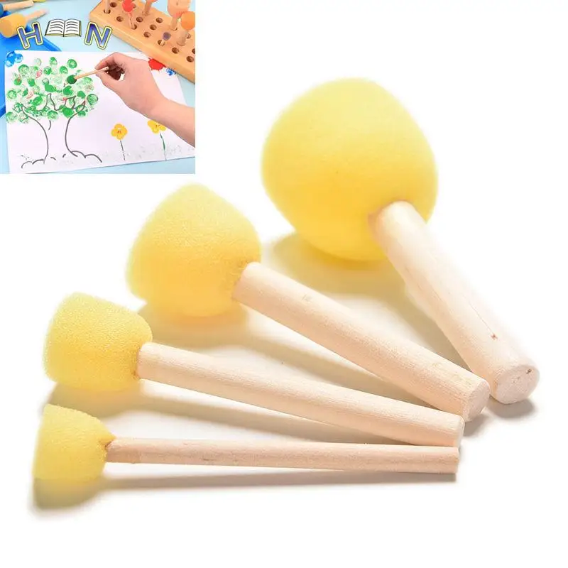 4pcs/set Paint Brush Wooden Handle Seal Sponge Brush Children's Painting Tool DIY Wooden Sponge yellow Paint Brush