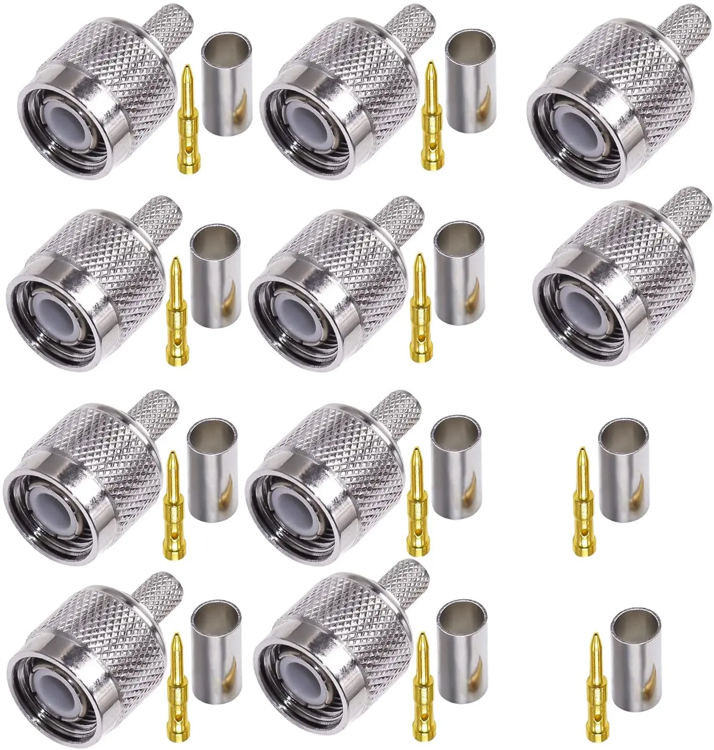 TNC conector macho com plugue macho, cabo coaxial, conector de crimp, RG58, RG142, RG400, LMR195, 10 PCs/Lot