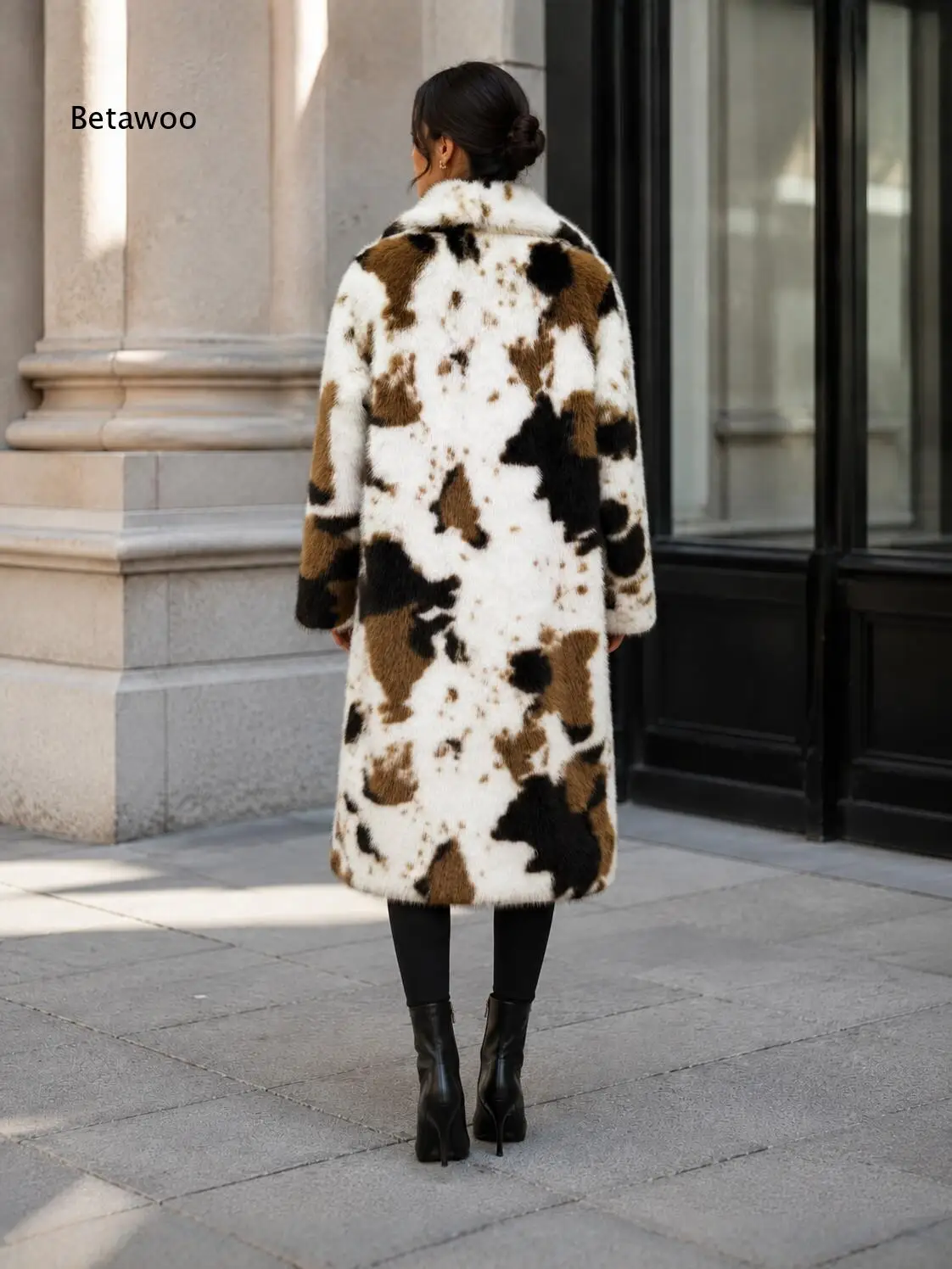Loose Fit Long Length Faux Fur Outerwear For Women Retro Cow Spot Plush Surface Wide Shawl Lapel Open Front Winter Coat
