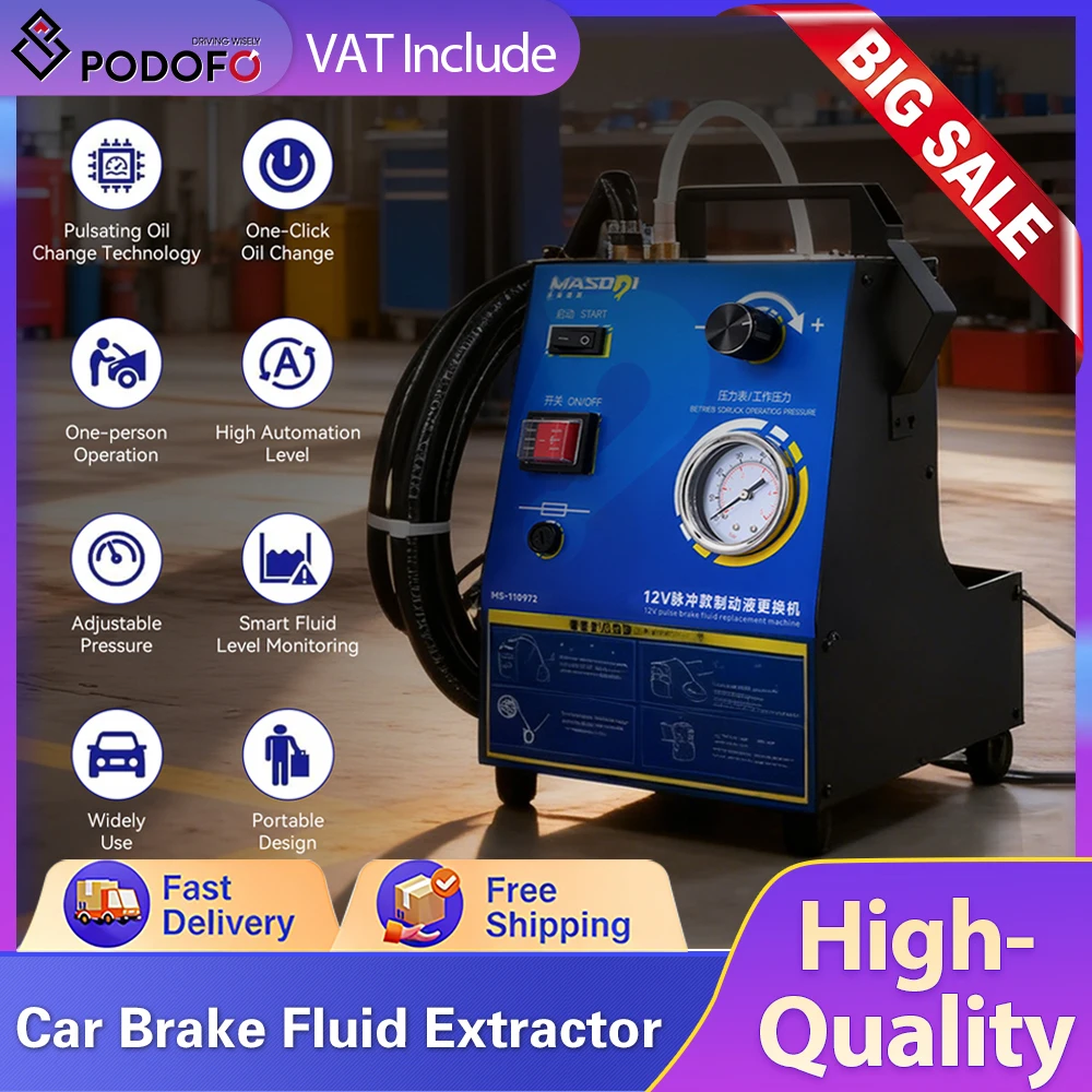 Podofo MS-110972 Purgeur de frein électrique 12V, machine à échanger la liquide de frein, purgeur de pression de frein sous vide avec cylindre de 52 mm