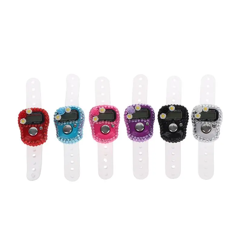 6 Colors Available Sparkling Rhinestone Flowers Finger Counter Portable Resettable Clicker Fitness/Prayer/Activity Counting Too