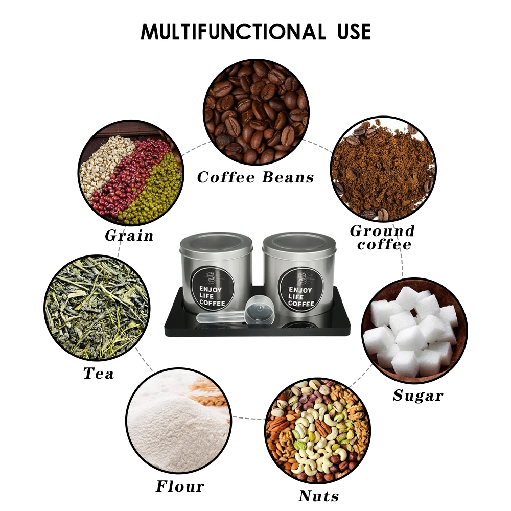 Coffee Canister Set With Shelf & Spoon 2 Piece Coffee Containers For Coffee Bean Ground Coffee Storage Coffee Bar Accessories