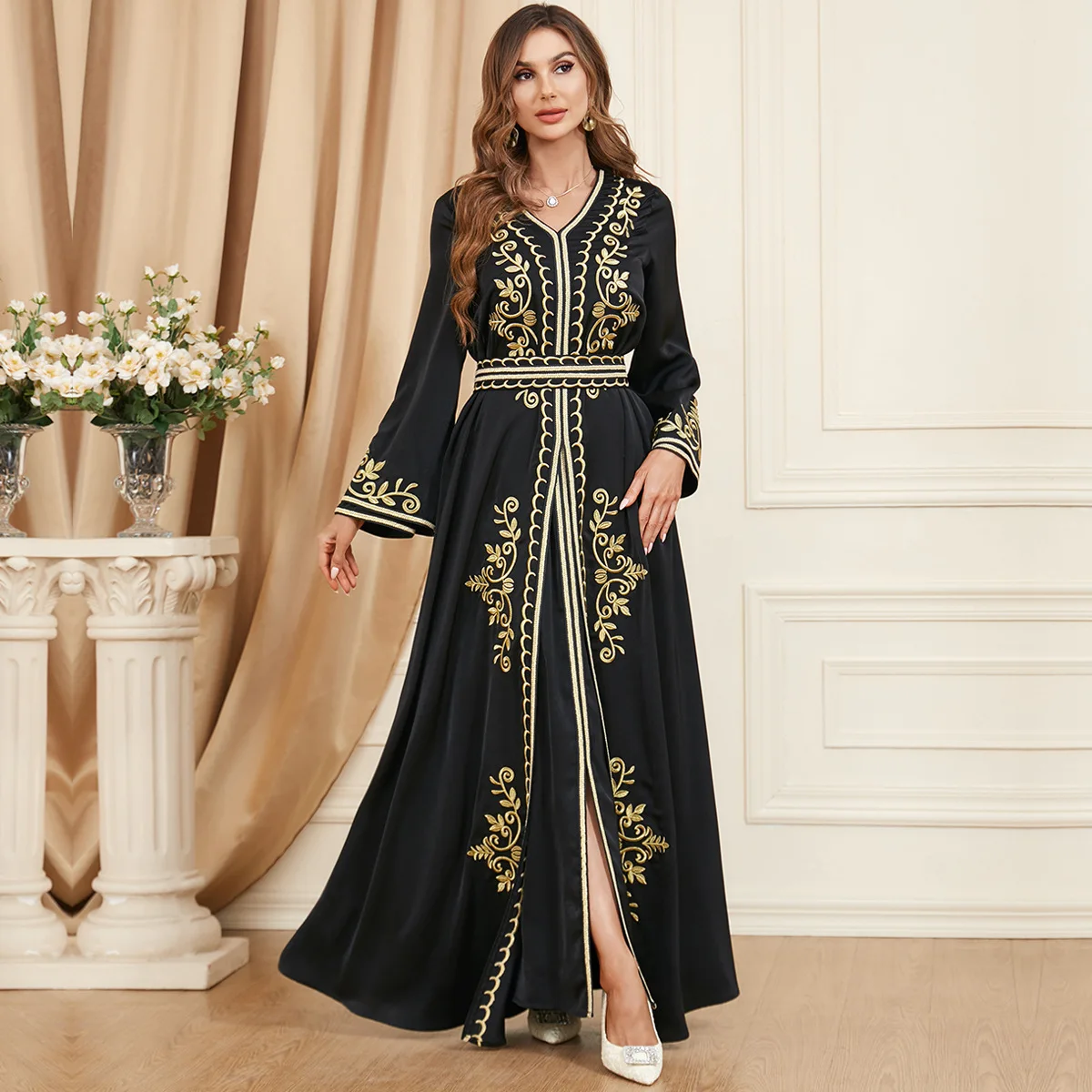 3346 muslim set long with slit long sleeves autumn and winter women's wear,  paired with embroidered clothes, two-piece dress