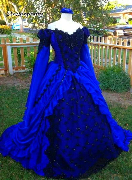 18th Civil Gothic Dresses Evening Wear Victorian Vintage Long Sleeves Royal Blue Chiffon Prom Masquerade Dress For Women