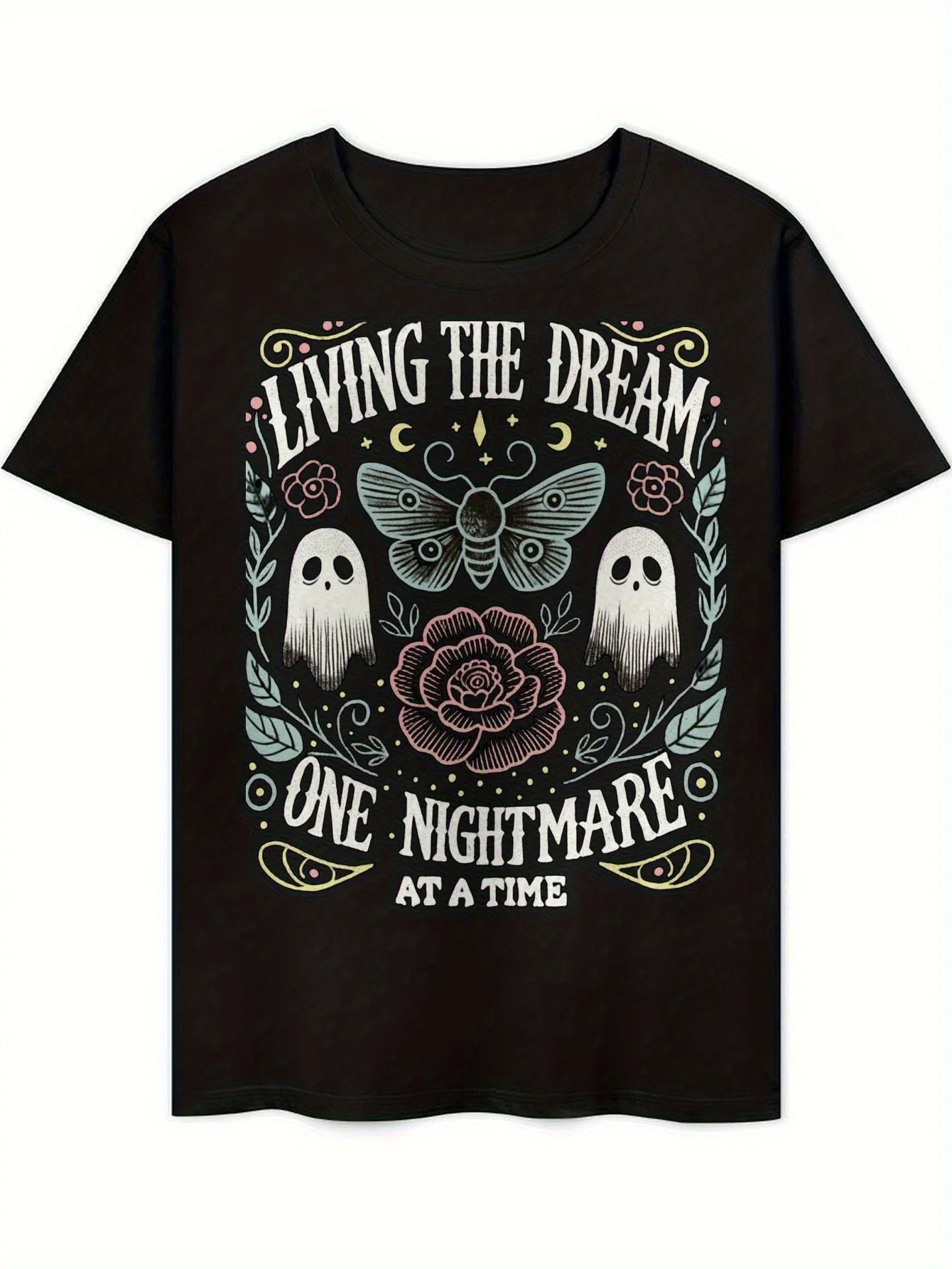 تي شيرت رجالي عتيق من Living the Dream One Nightmare at a Time جرافيك تي شيرت قطني أسود برقبة دائرية مع جمجمة وردية