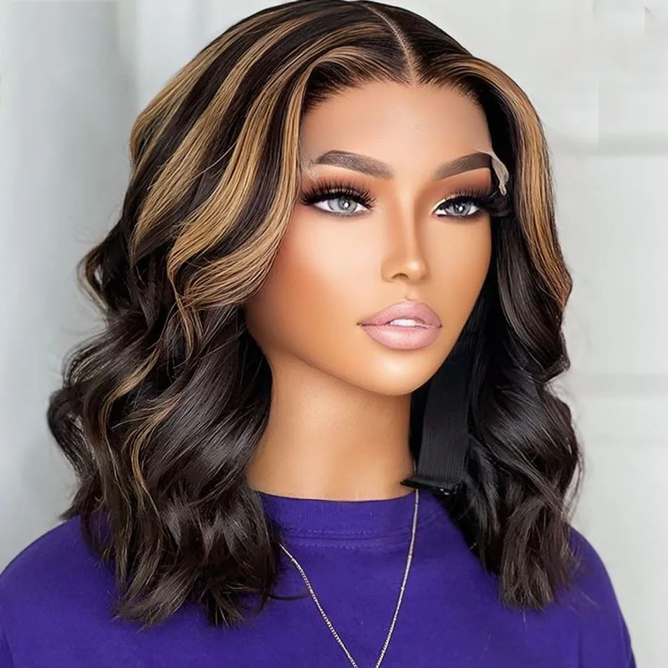 

Glueless Soft 14Inch 180Density Short Bob Body Wave Highlight Blonde Lace Front Wig For Women BabyHair Preplucked Daily Cosplay