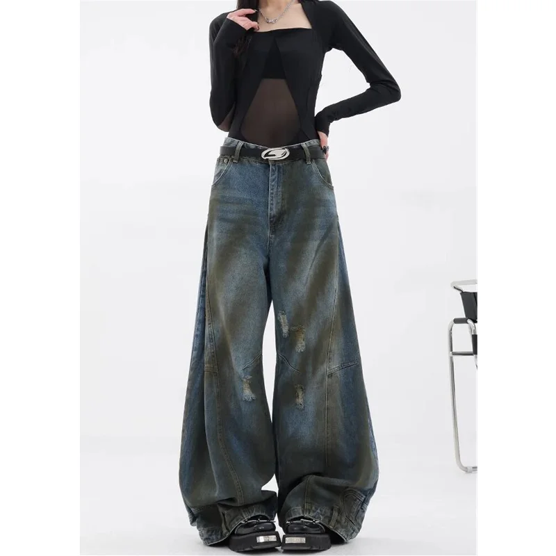 Blue Womens Jeans High Waist Vintage Straight Baggy Denim Pants Streetwear American Design Sense Ripped Wide Leg Denim Trouser