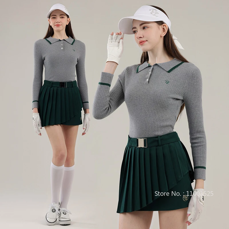PL Autumn Winter Golf Sweater Retro Women's Knitted Warm Tops Long Sleeve Polo Shirts Lady Irregular Pleats Skort Tennis Culotte