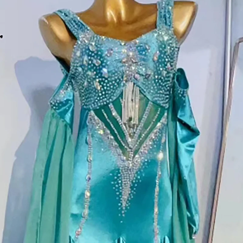 Latin danswedstrijd Hoogwaardige, op maat gemaakte pauwblauwe rok voor dames, exact Samba Performance diamanten jurk