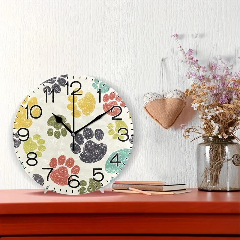 Whimsical Wooden Dog Paw Pattern Round Wall Clock, Battery Operated, Decorative Timepiece for Home, Living Room, Bedroom