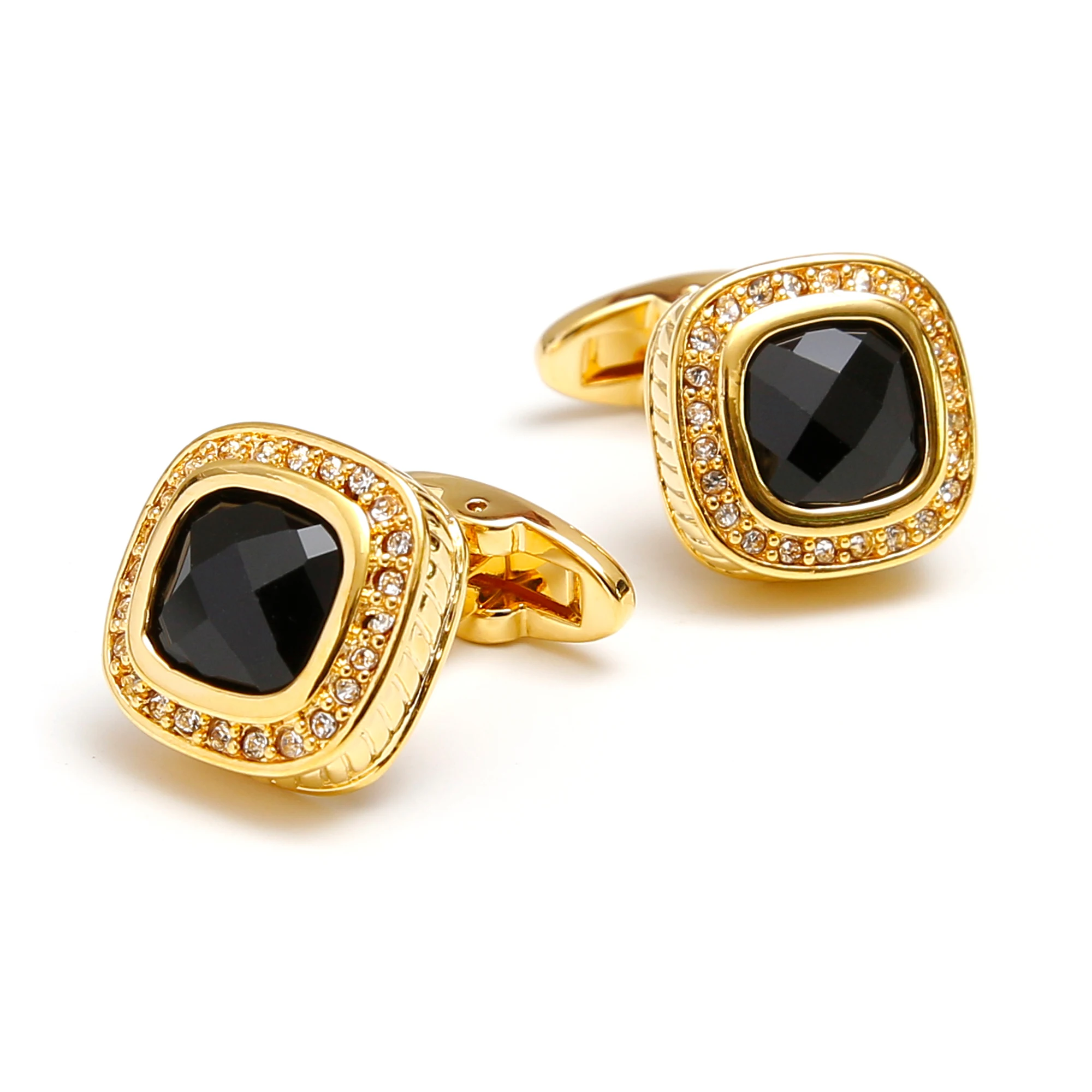 TOMYE Gold Cufflinks for Men, Luxury Black Zircon Brass Square Shirt Cuff Links, Jewelry Gift for Dad Husband Groomsman