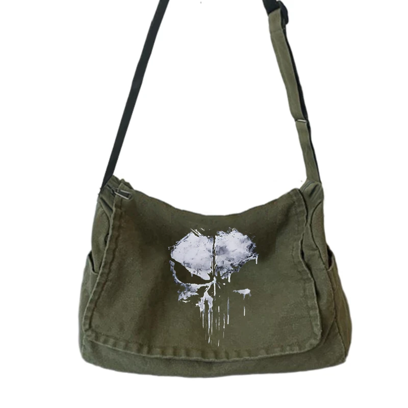 

Vintage Men's Crossbody Bag Canvas Skull Print Large Capacity Messenger Bag for Daily Use
