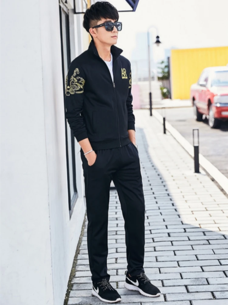 Spring Autumn Men\'s Sports Casual Suit Fashion Standing Collar Slim Embroidered Baseball Coat Straight Leg Pants Two Piece Set