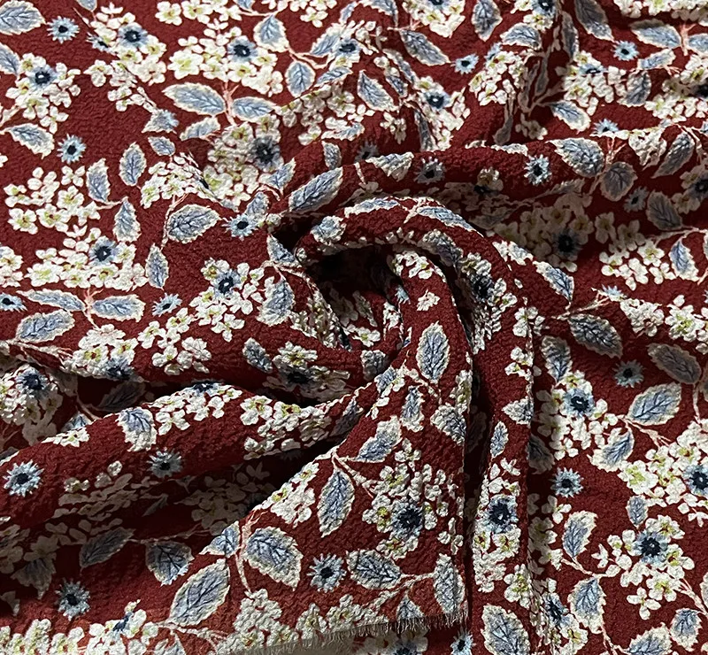 Designer Cloth Niche Bubble Wrinkle Silk Clothing Fabric Wine Red Full Floral Silk Crepe De Chine Fabric Dress