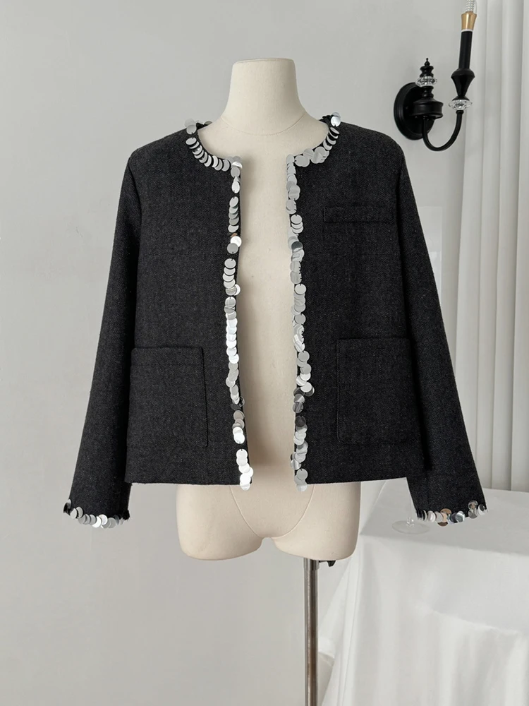 Luxe Lovertjes korte jas Vrouwen 2023 Nieuwe O-hals lange mouwen zakken jas Club kleding Lente Herfst Vintage INKEO 4O116
