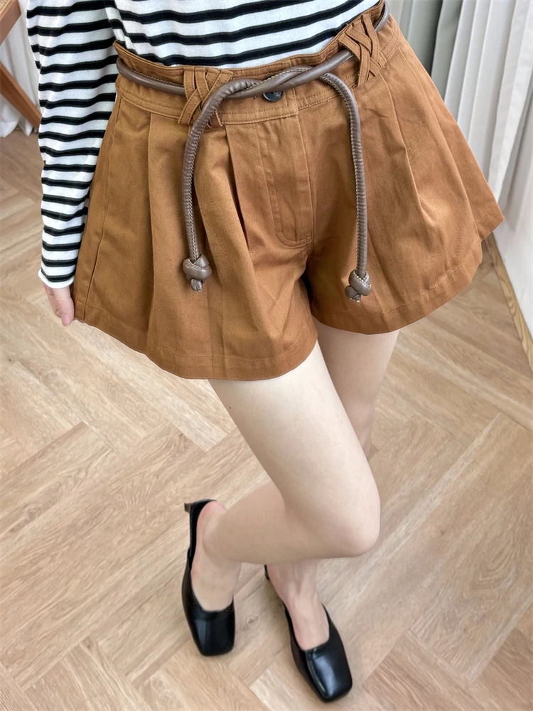 New 2024 High Quality Women Vintage Cotton Pleated Short Belt Solid Elegant Design Trendy Stylish Casual High Street Chic SE