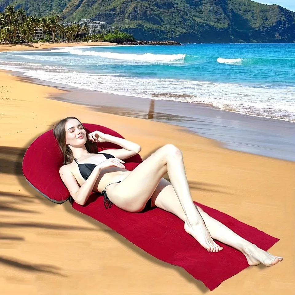 Beach Lounge Mat With Inflatable Head Pillow 2-in-1 Portable Outdoor Lounger Oversized Soft Suede Mat For Beach Camping Picnic