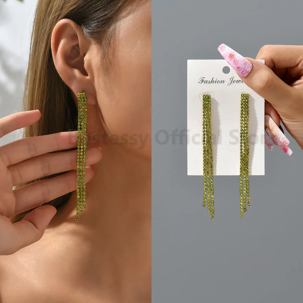 Green Crystal Large Dangle Piercing Earrings Luxury Statement Petals Long Pendant Modern Women Geometric Party Fashion Jewelry
