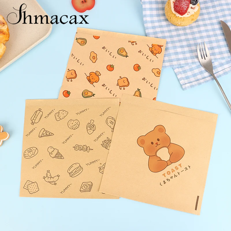 50Pcs Cute Cartoon Square Wax Paper Sandwiches Burgers Fries Fried Wrappers Bags Waxed Paper Baking Paper Food Packing Pouches