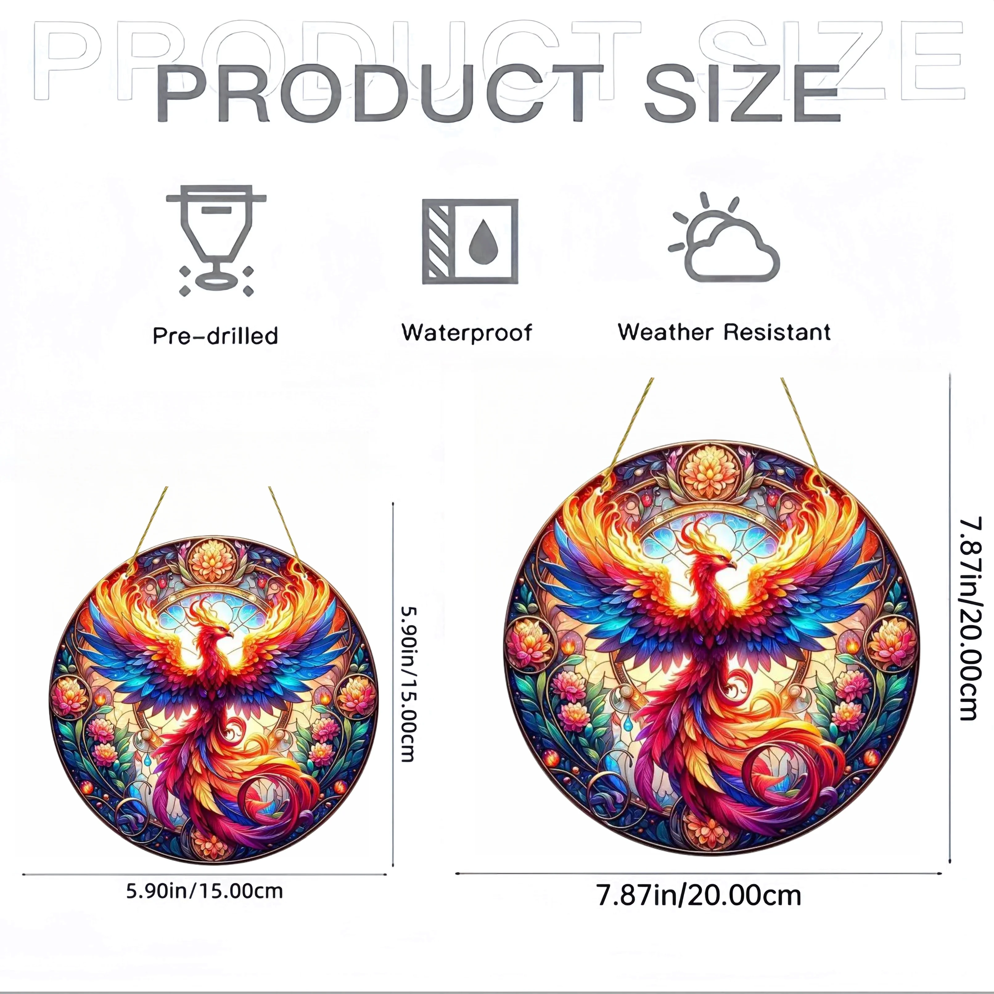 상승 피닉스 Suncatche, 크리스마스 라운드 아크릴, 반투명, 스테인드 행잉 장식 사인, 집 방 창문 정원 베란다 장식