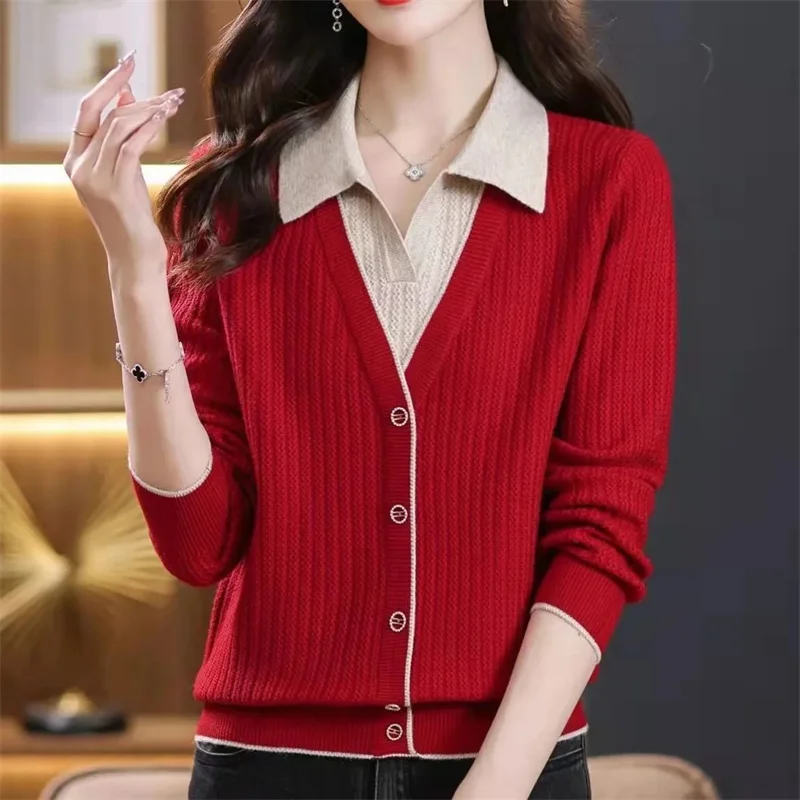 Autumn Winter Female Fake Two Pieces Sweater 2024 Lady Lapel Collar Loose Fitting Pullover Knitting Women Long Sleeved Knitwear