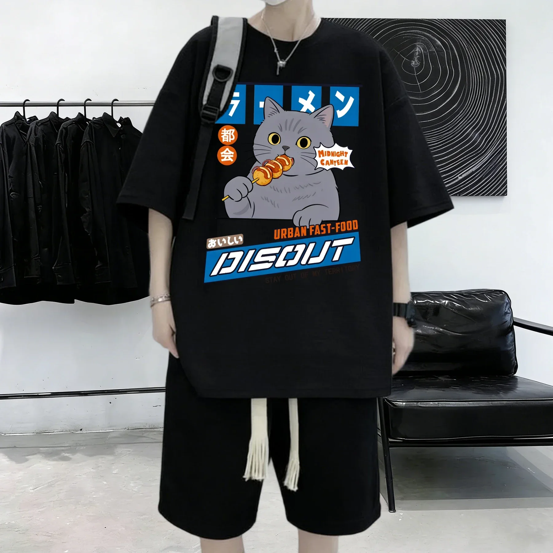 A Cat That Likes To Eat Snacks Printed Cotton Summer Basics T Shirt Man Comfortable All-Match Short Sleeve Loose Youth Tops