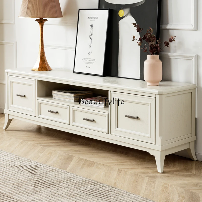 

American pure solid wood TV cabinet white cream wind oak living room home locker