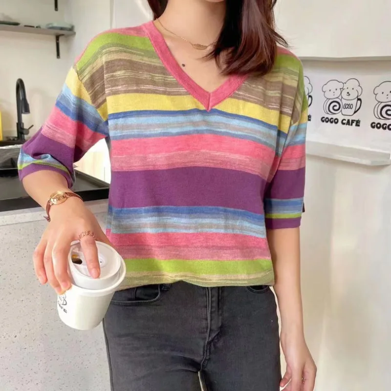 

Women's V-Neck Summer Rainbow MULTI Pullover Solid Short Sleeve Sweater Knitting T-shirt Casual Office Lady Streetwear Tops