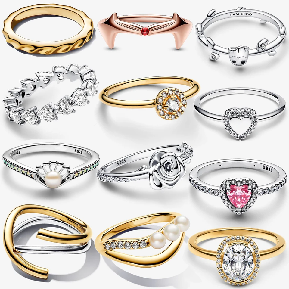

2026 New 925 Silver Sparkling Heart shaped Water Drop Women's Rose Crown Double Loop Wrapped Ring DIY Exquisite Charm Jewelry