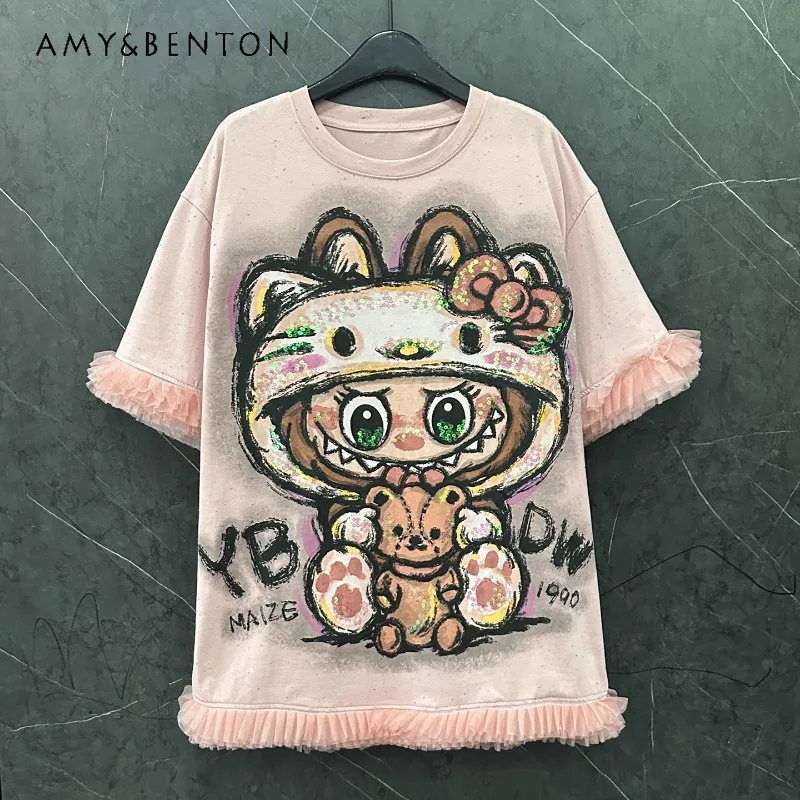 

Cartoon Medium And Long Mesh Splicing Short-sleeved T-shirt Dress Women's Loose Sweet Top Pullover 2025 Summer New Kawaii Tshirt