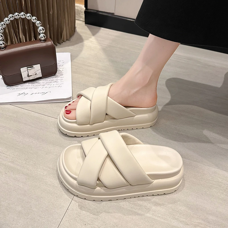 Beach Shoes House Slippers Platform Slides Med Slipers Women Sabot Flat Summer 2024 Soft PU Rubber Casual Leisure Beach Shoes Sl