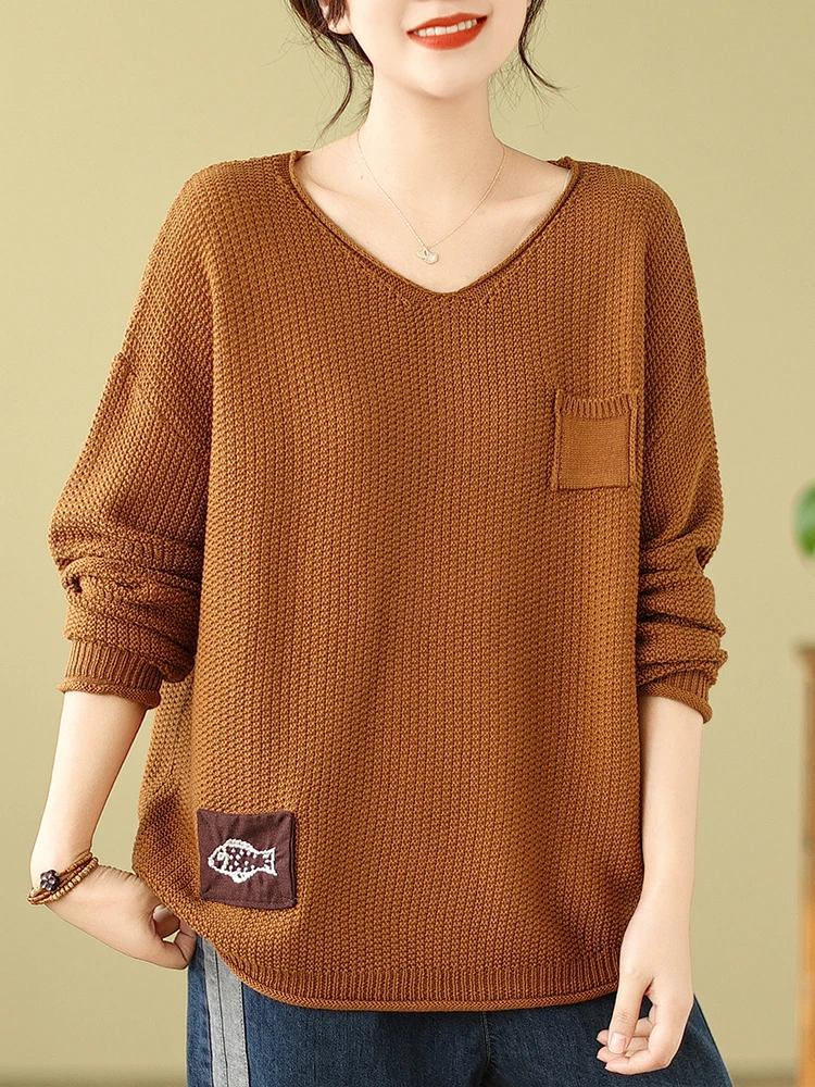 

Осенняя модная трикотажная одежда, женские свободные свитера с v-образным вырезом, классические лоскутные джемперы с вышивкой, роскошный пуловер JJ915