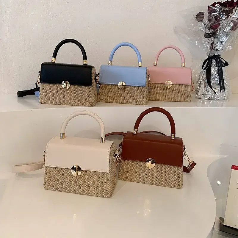 High end woven small square bag new women handbag fashion design splicing contrasting shoulder crossbody bag vacation beach bag