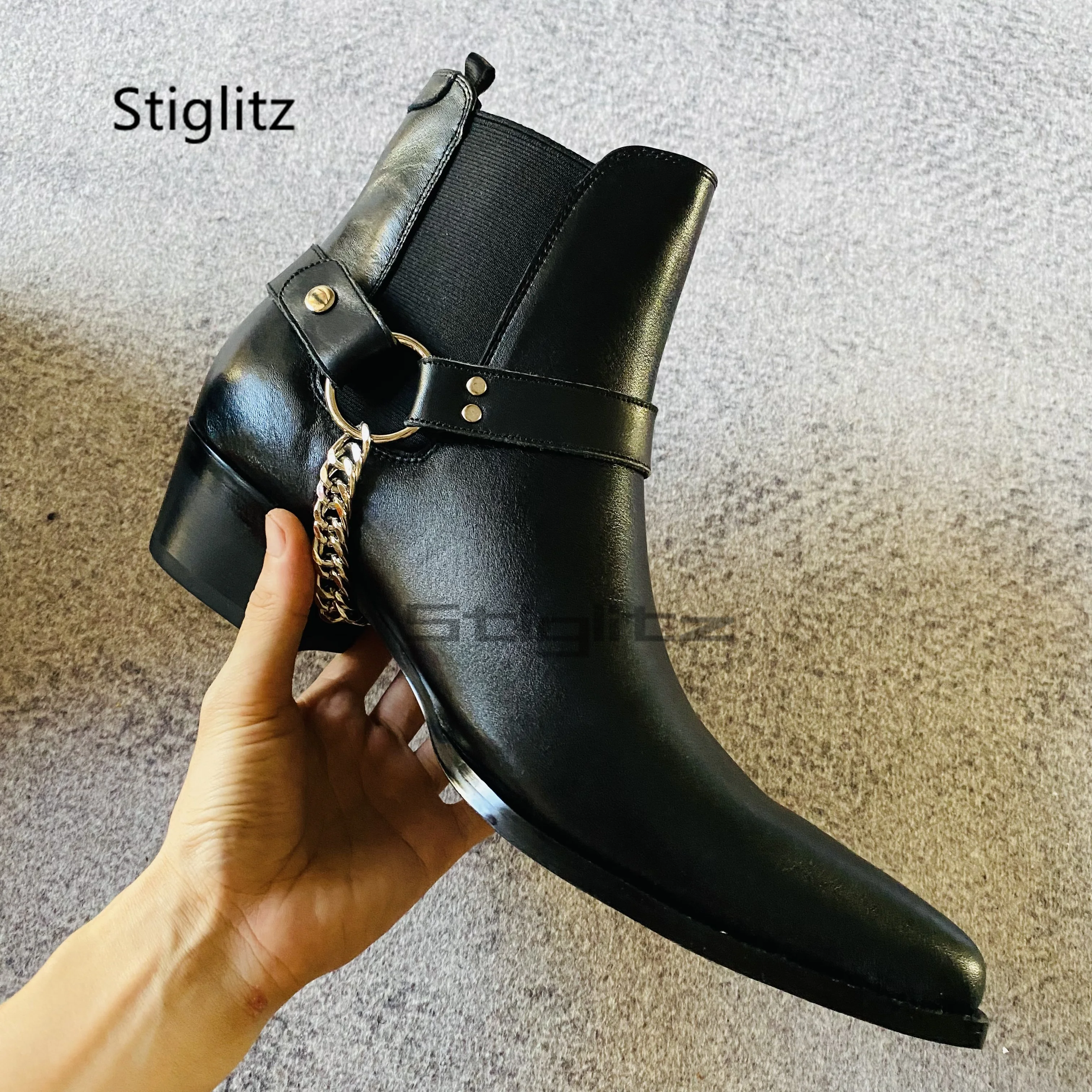 أسود جلد طبيعي سلسلة الأحذية للرجال أشار تو الانزلاق على ميد الكعوب حذاء من الجلد اليدوية مطاطا الأعمال فستان الأحذية #4