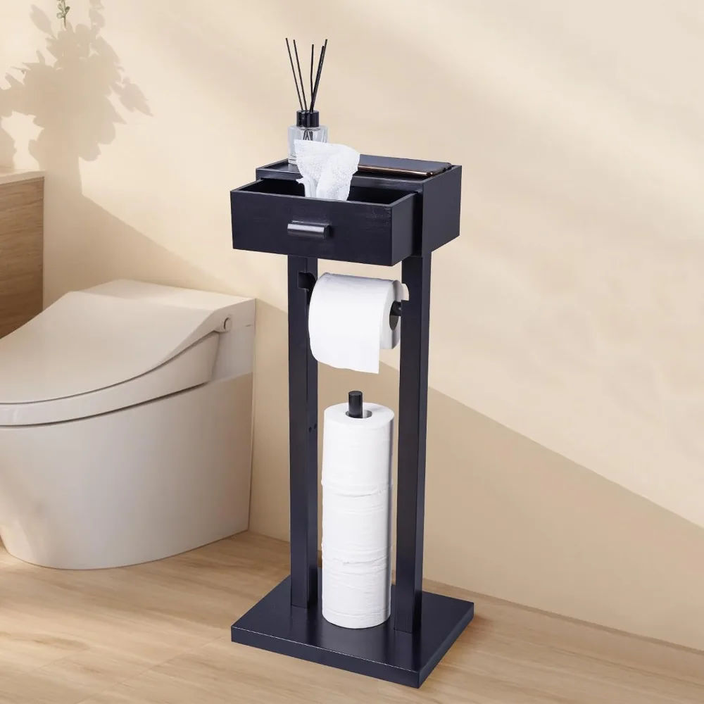 

Matte Black Wooden Toilet Paper Stand with Shelf and Storage Drawer for Wet Wipes